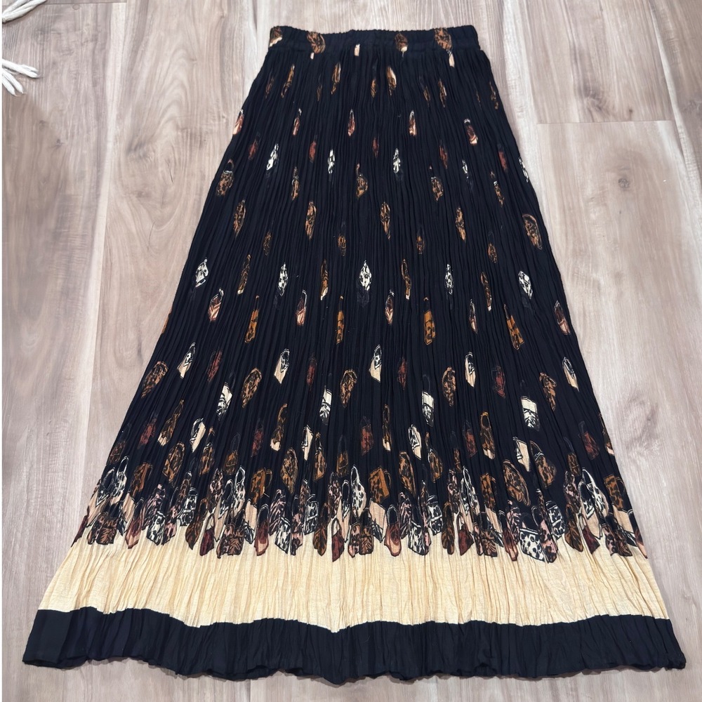 Vtg Stonebridge Petites Black Purse Print Pleated Maxi Skirt‎ Boho Festival s b1